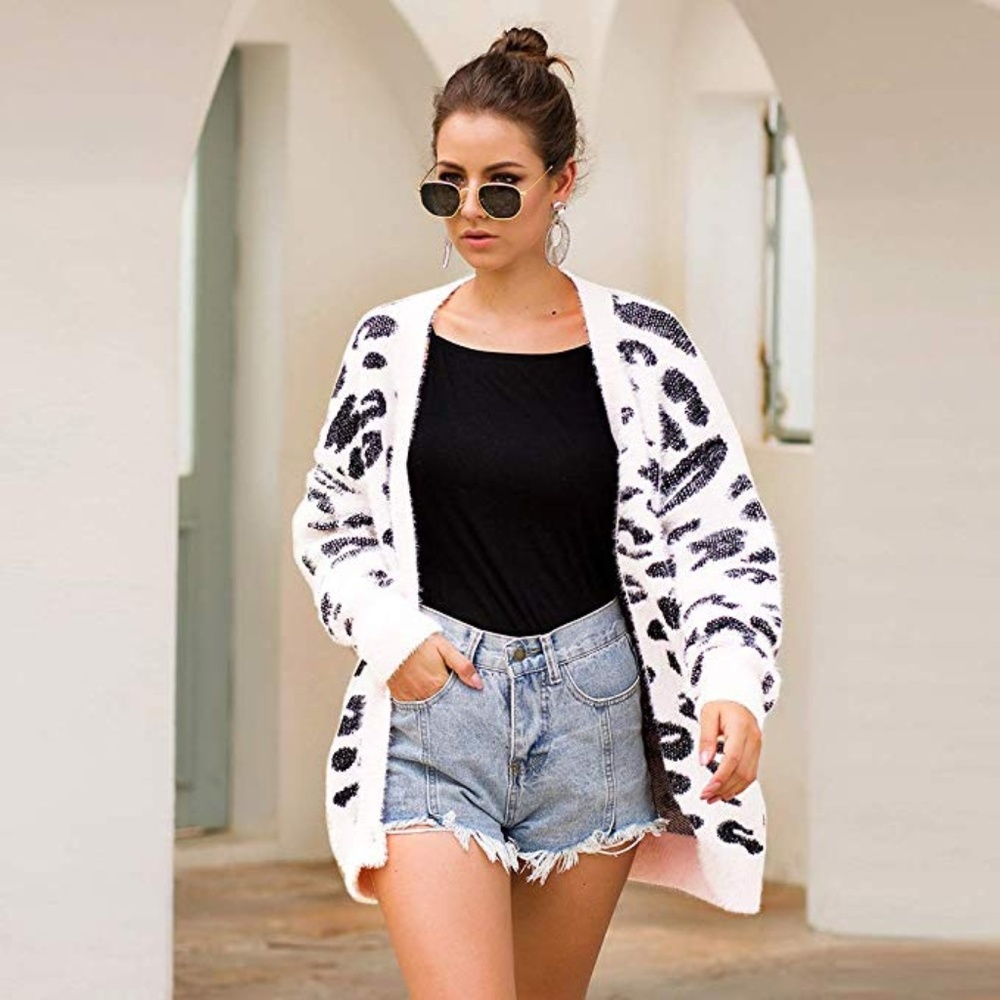 Loose Knit White Leopard Cardigan Womens - Picture 4 of 4